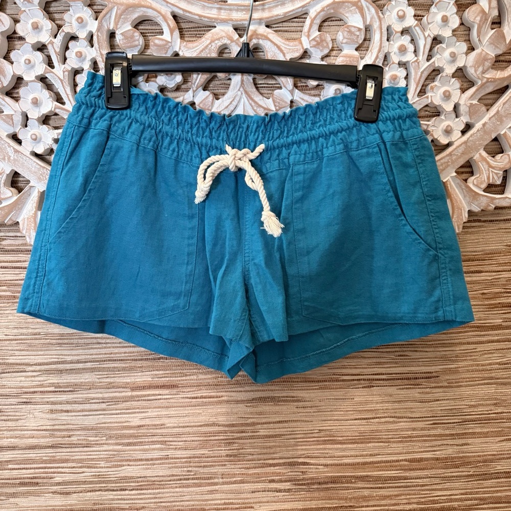 Roxy Teal Linen/Cotton Shorts Lightweight Elastic Waist
